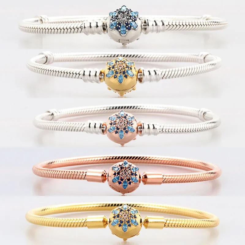 

2020 New 925 Sterling Silver Pan Sparkling Snowflake With Crystal Button Bracelet Fit European Charm Bracelets Women Jewelry