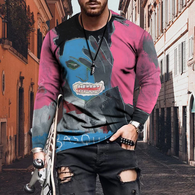 

2021 New Punk Style Men's Bottoming Shirt 3D Printed Shirt Men's Slim Long-sleeved Simple Strokes Printed Casual Shirt