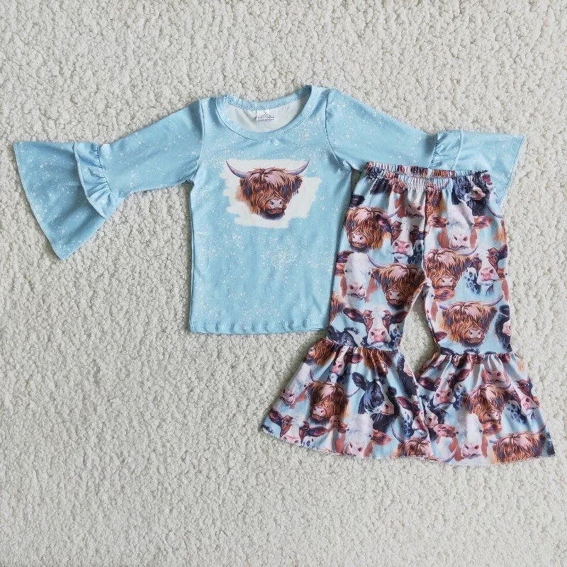 

Wholesale Children Baby Girl Wear Boutique Clothing Sets Kids Blue Ruffle Long Sleeve Cow Top Bell-bottomed Pants Fashion Outfit