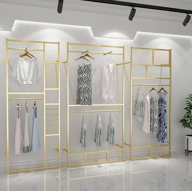 Gold Clothing Store Display Rack Floor Double Hanger Women's Clothing Store Decoration Design Renderings High Cabinet Shelf