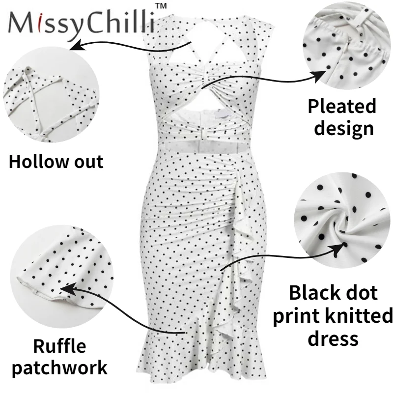 Женское трикотажное платье в горошек MissyChilli Белое Облегающее с оборками и