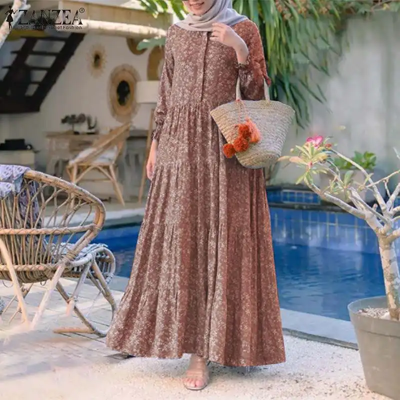 

Retro Floral Print Muslim Dress 2021 Autumn ZANZEA Women Fashion Rayon Long Vestidos Casual Loose Ruffle Dresses Sarafans Robe