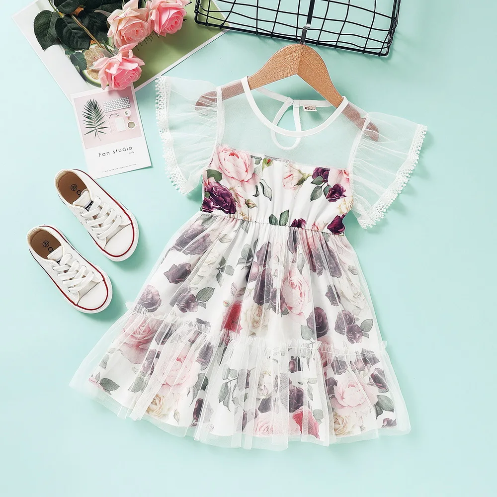 

Summer Flower Girls Dresses Toddler Wedding Girls Embroidery Lace Gown Princess Party Dress Tulle Kids mesh patchwork Dress D30