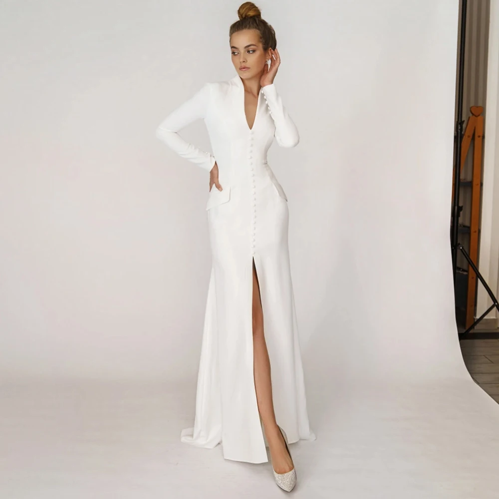 

RANMO свадебное платье с V-образным вырезом с длинным рукавом Русалка простое свадебное платье на молнии из спандекса с разрезом