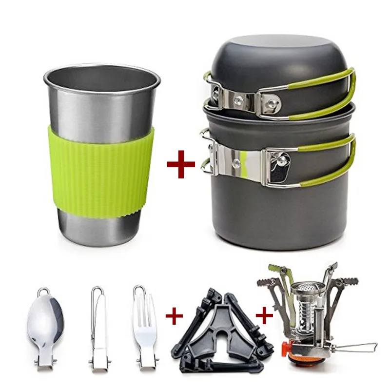 Aluminum Alloy Outdoor Camping Trip Cookware  Camping Pot Hiking Picnic Tourist Tableware Set With Folding Spoon Mini Gas Stove