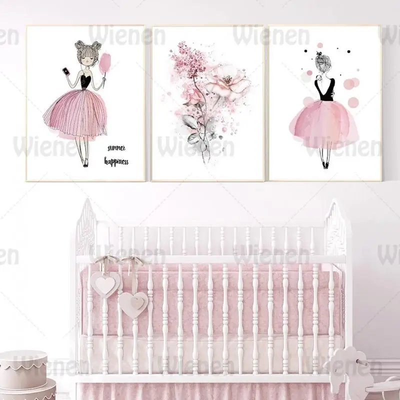 Постер в скандинавском стиле мультфильм розовая принцесса милая девушка цветы