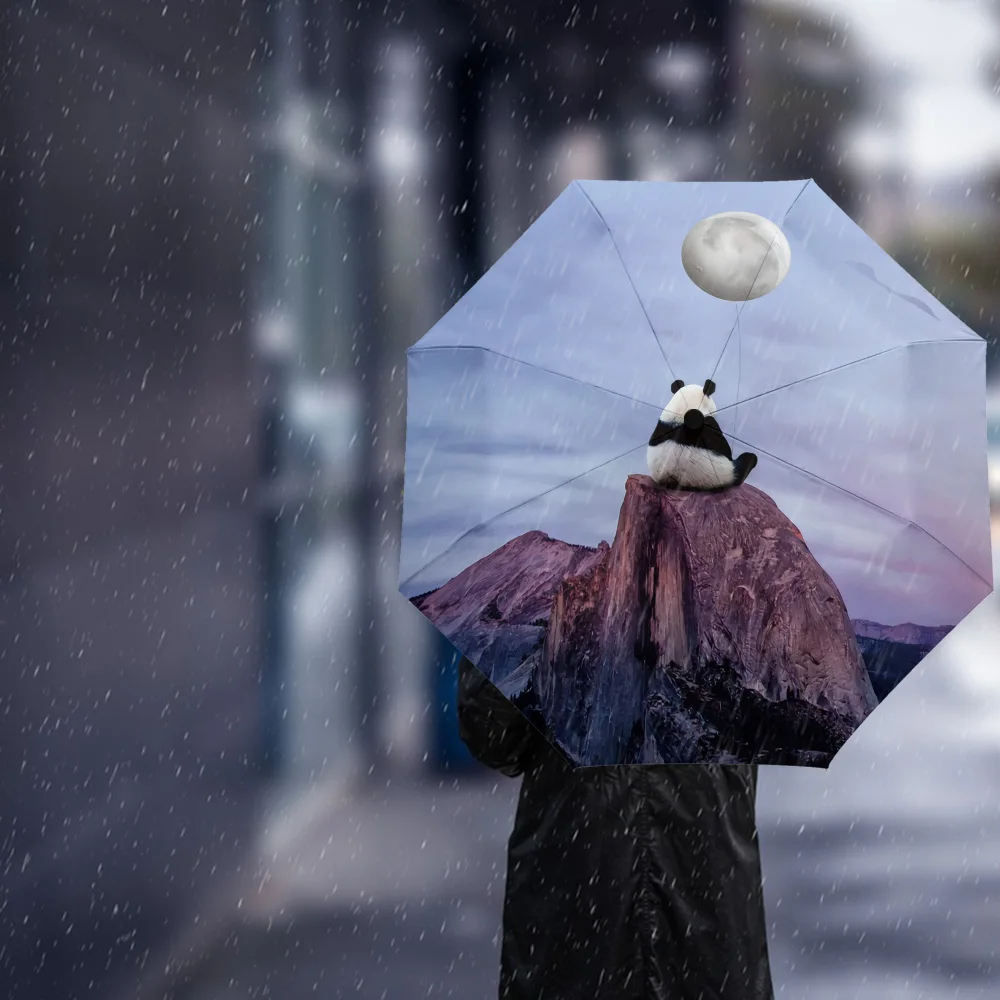 Animal Panda Hilltop Dusk Purple Sky Moon Balloon Foldable Automatic Umbrella Luxury Clear Waterproof | Дом и сад