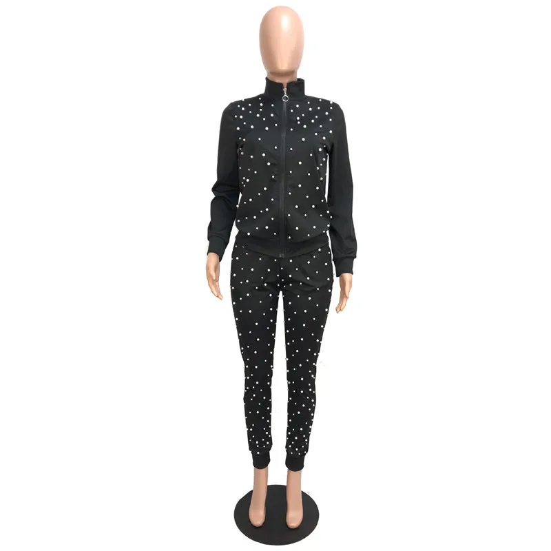 Женский Повседневный Спортивный костюм с жемчужными бусинами комплект из 2