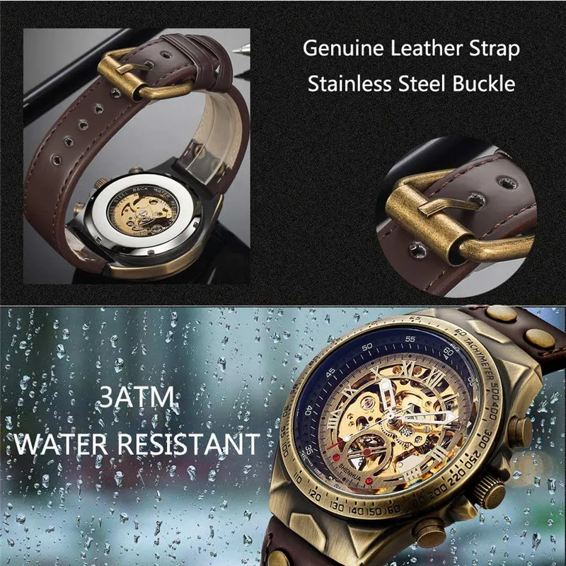 Ретро стиль бронзовые скелетоны большой циферблат кожаный ремешок стимпанк