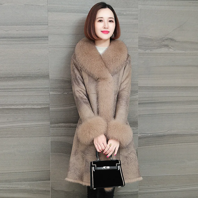 

Winter Natural Rabbit 's Hair Double-faced Fur Integrated Mink Collar Coat Wool Liner Mid Long Full Pelt Real Leather Overcoat