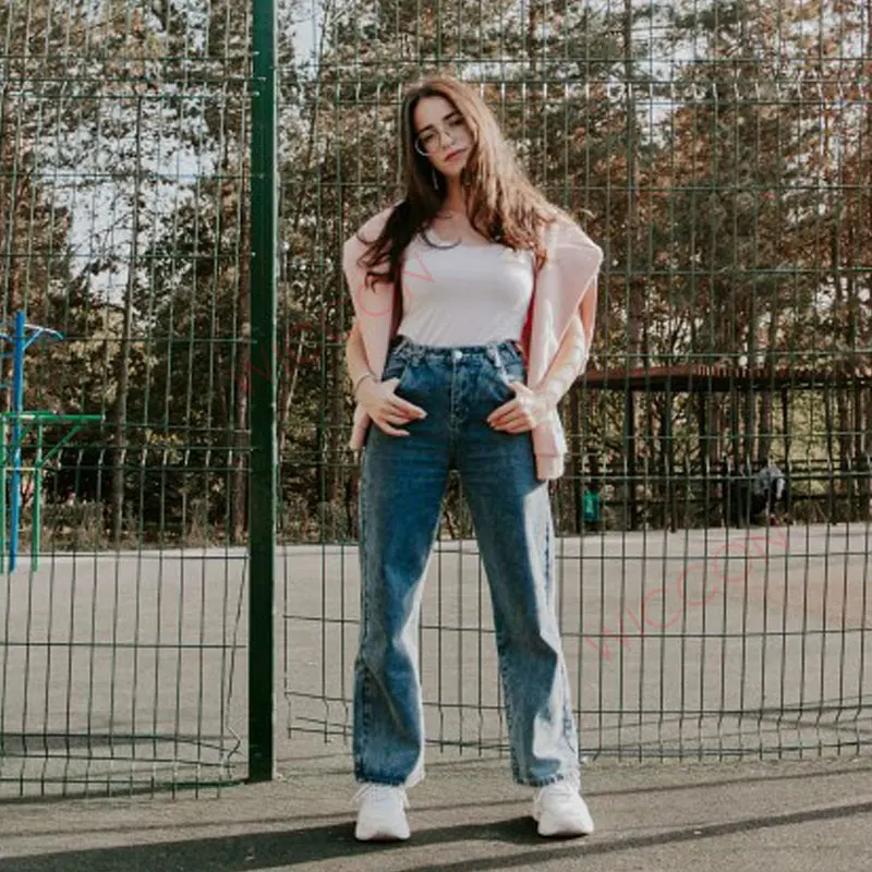 Женские джинсы с высокой талией и широкими штанинами джинсовая одежда синяя