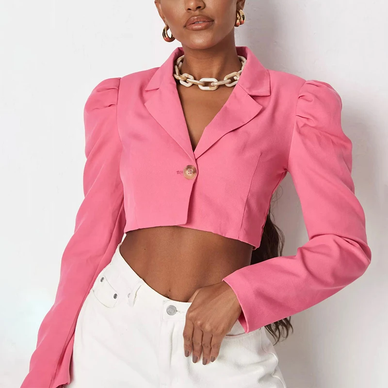 

2021 new fashion Women Casual Solid color Long Sleeve One Button Crop Top lapel Blazer