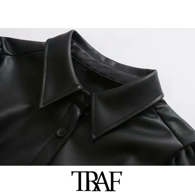 TRAF, женские винтажные стильные плиссированные укороченные рубашки из искусственной кожи, модные женские блузки из искусственной кожи с отложным воротником и пышными рукавами
