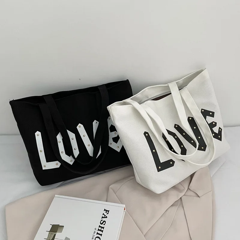 

Большая Повседневная Сумка-тоут с принтом Love, черная женская сумка на плечо с молнией и карманом, модные сумки для покупок, сумка