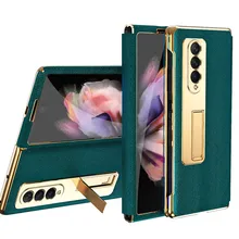 Luxury Leather Case Built-in Glass Screen Protector Plating Frame with Foldable Kickstand For Samsung Galaxy Z Fold 3 5G Cover
