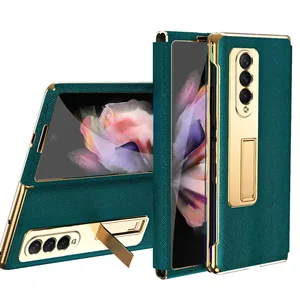 luxury leather case built in glass screen protector plating frame with foldable kickstand for samsung galaxy z fold 3 5g cover free global shipping