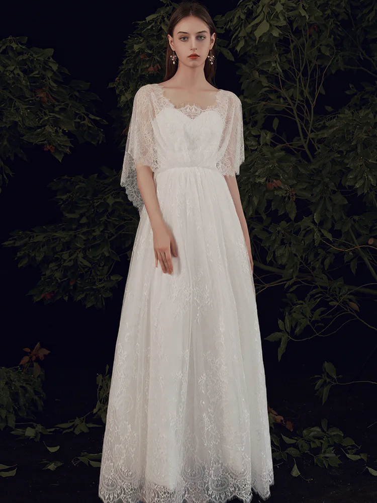 

French Light Wedding Dresses Illusion Sexy Strapless Lace Batwing Half Sleeve Elegant Backless Long Formal Pregnant Bridal Gowns