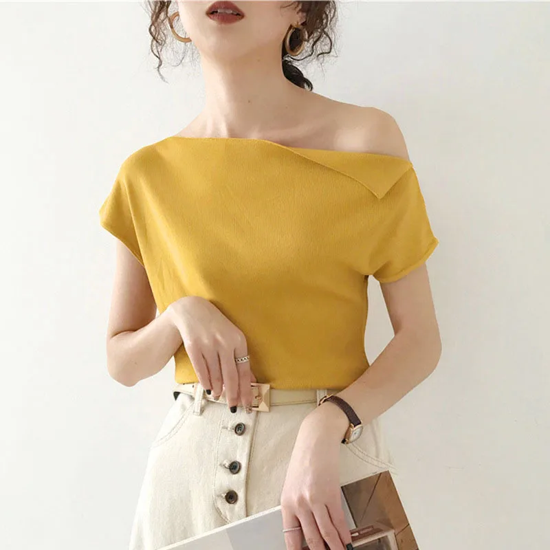 

TShirt Slim Tank Tops Fitness Short Sleeve Women Crop Top Office Lady T Shirt Sexy Fashion Tops Femme Clothing Knitting Croptops