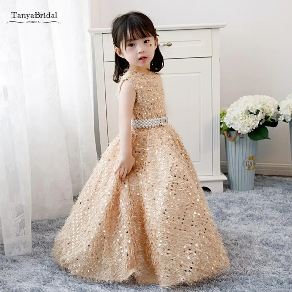 Cute Ball Gown Flower Girls Dresses for Party and Wedding Champagne Gold Bling Sequins Long Formal Gowns Baby Girl XF044 | Свадьбы и