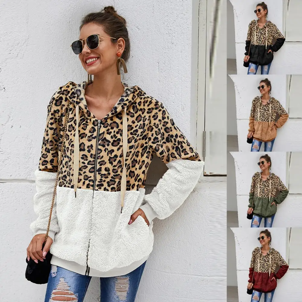 

Coat Attractive Leopard Patchwork Zipper Hoodie Sweatshirt Hoodie Top Long Sleeve for Dating