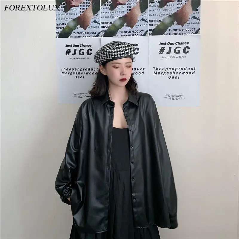 

Harajuku PU Black Leather Overshirts Women Motobiker Streetwear Button Teens Full Sleeve Large Size Soft Smooth Blouse Punk Tops