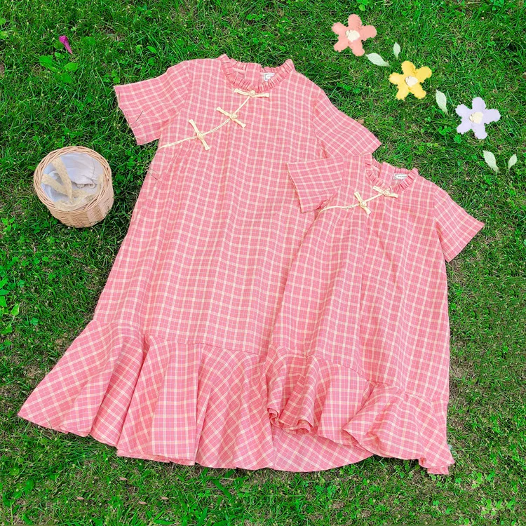 

Parent-child wear Chinese style 2020 summer new mother and women's ethnic style disc buckle plaid dress one drop delivery