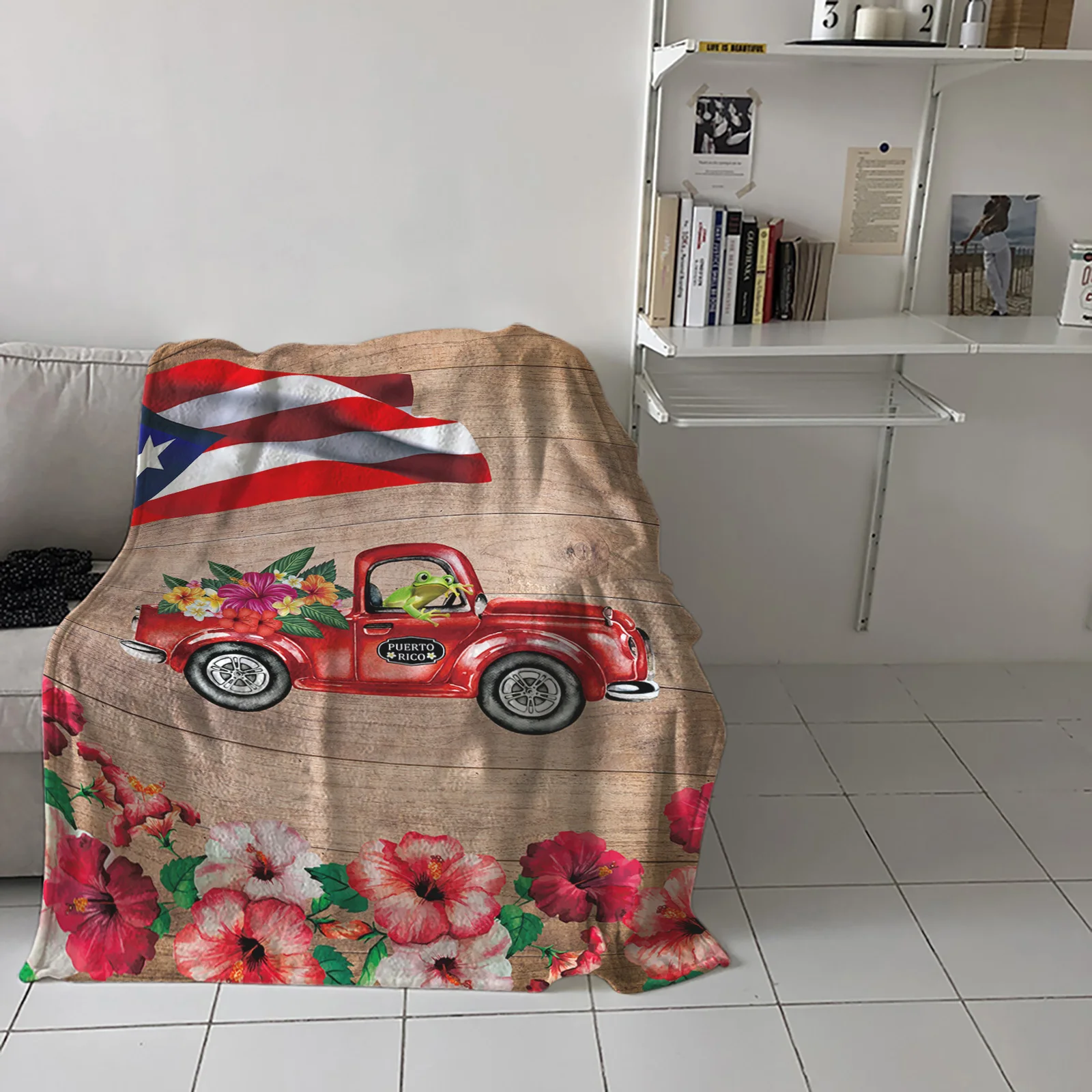 

Puerto Rico Flower Truck Frog Throw Blanket for Sofa Warm Blanket on Bed Home Bedspread Travel Fleece Blanket