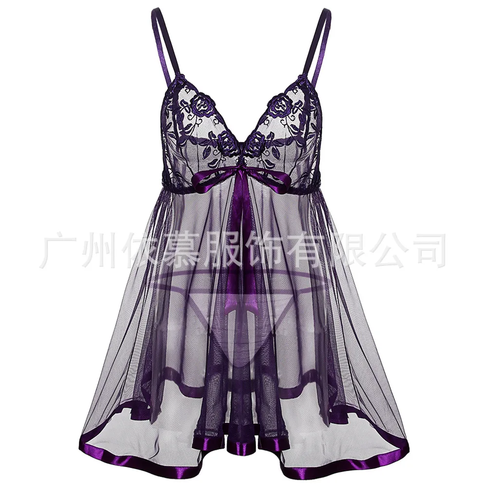 

Sale Large Size Inside Women's Perspective Sexy Embroidery Mesh Sling Nightdress Summer Ladies Sexy Purple Nightgown Female