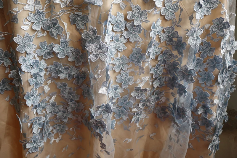 Светло голубая кружевная ткань с 3D цветами вышивкой для невесты свадьбы высокой