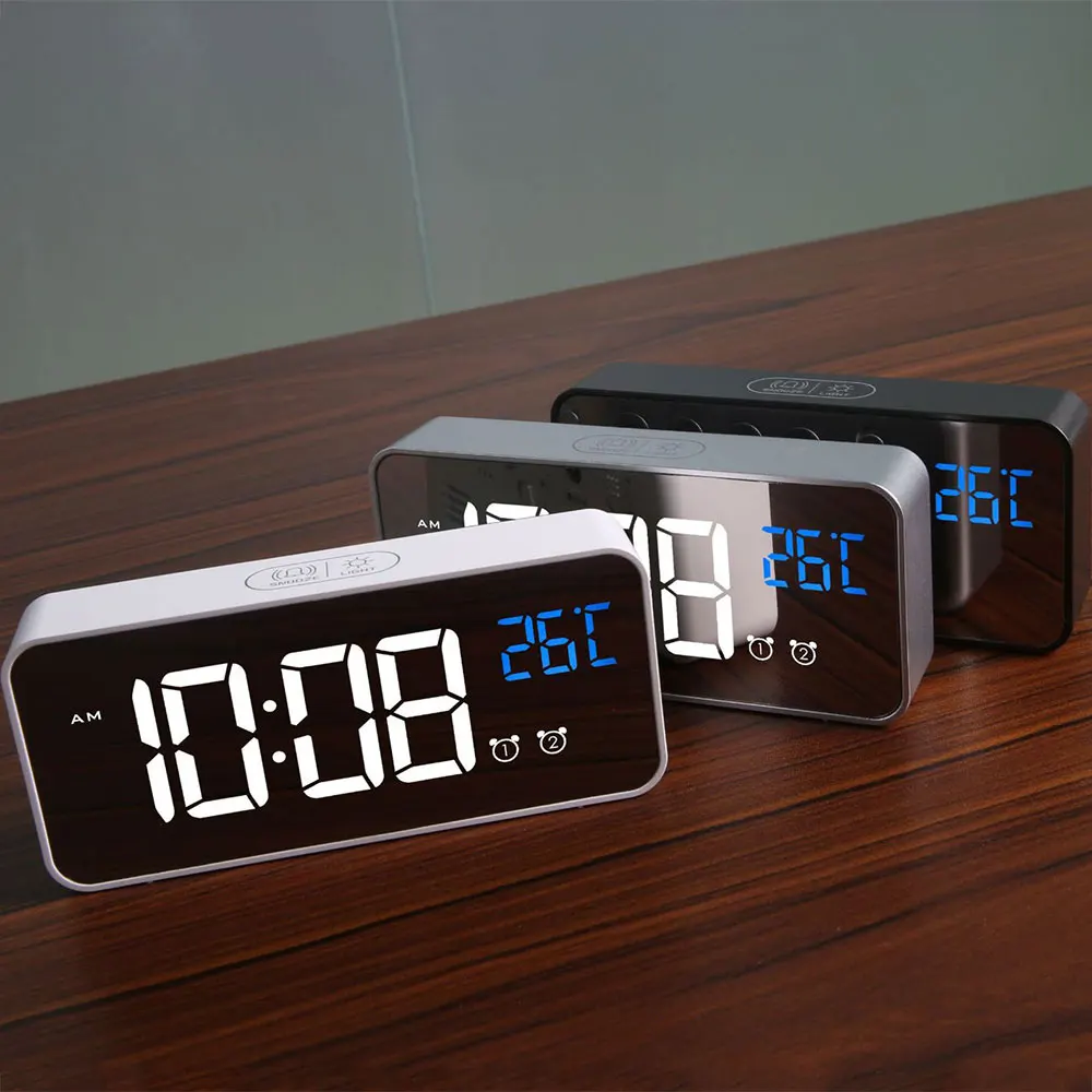 

Chargeable Alarm Clock Digital Mirror LED Music Clock Two Sets of Alarm Clock Switches Digital Bedside Alarm Clock