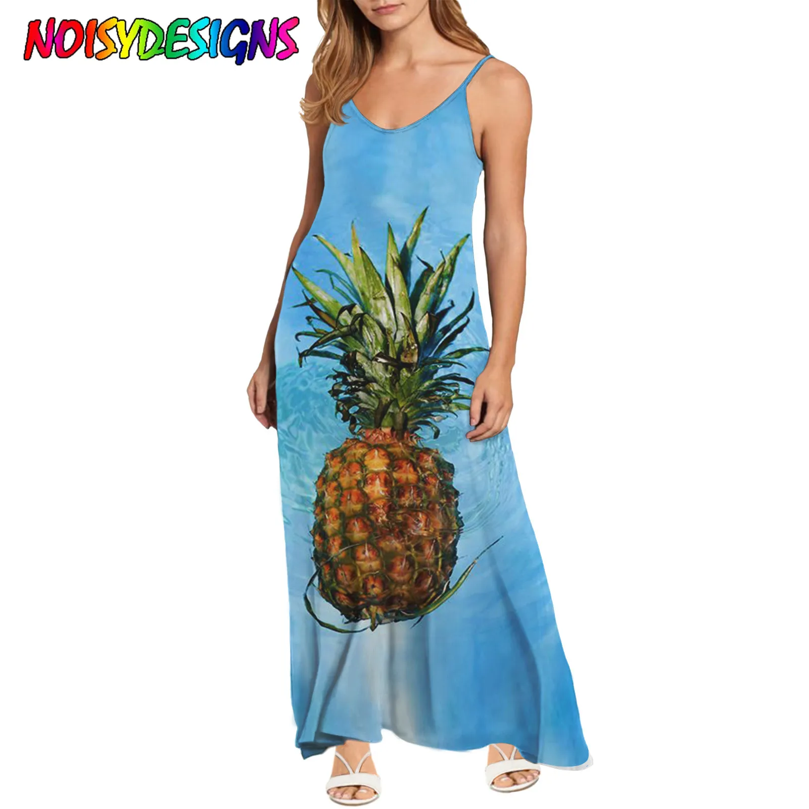 NOISYDESIGNS Sexy Backless Summer Women Loose Sleeveless Female Party Dress Pineapple Art Prints Women's Dresses Vestidos 2021 | Женская