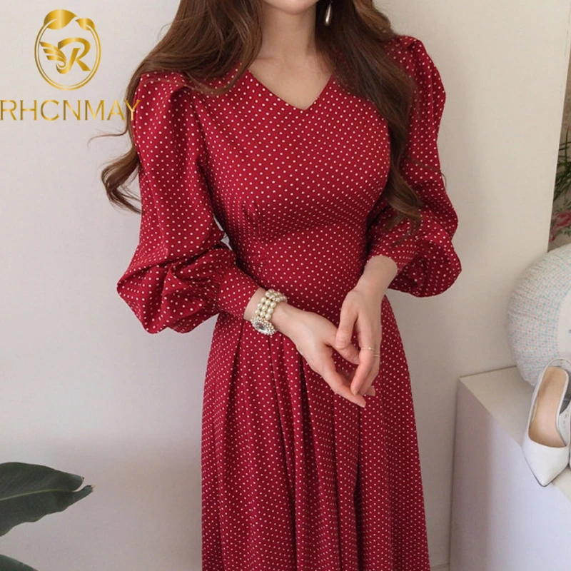 

New Elegant Summer Chic Commuter Dot Red V-Neck Printing Women's Dress Korean Clothing Vintage One Piece Bandage Dress Femme