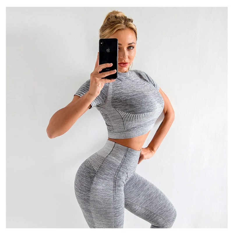

New knitted Seamless Tracksuit Women Clothing Yoga Set Workout Short Sleeve Crop Top High Waist Leggings Fitness Gym Sport Suit