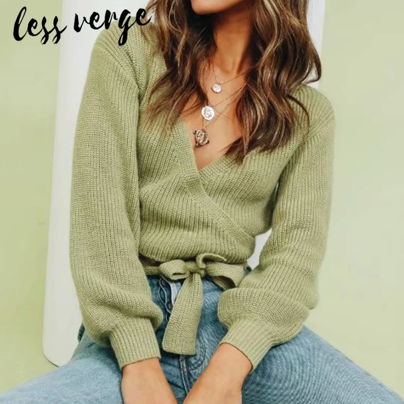 Lessverge Sexy v neck wrap green knitted sweater cardigan Women cropped autumn winter jumper Female casaul bandage slim |