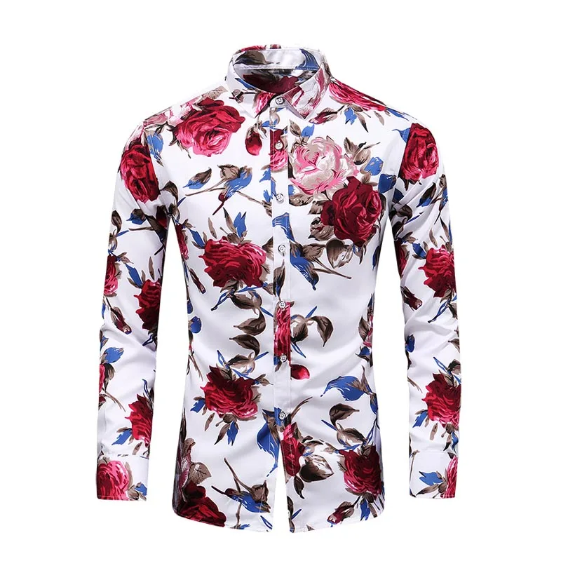 

Spring New Fashion Long Sleeve Flowers Rose Shirts Button Down Social Hawaiian Floral Shirt Plus Size 5XL 6XL 7XL
