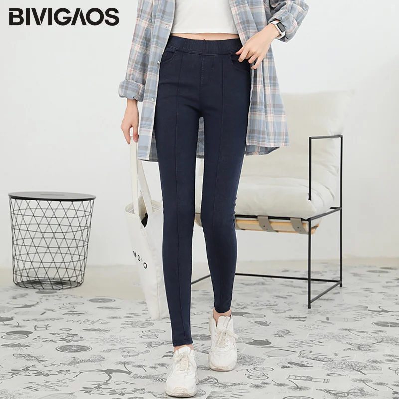 Thin - Navy BIVIGAOS Новинка года Мода и досуг облегающие джинсы леггинсы средней длины с песком Осень-зима женские большие размеры эластичные бархатные штаны-карандаш джеггинсы - Цвет: Thin - Navy