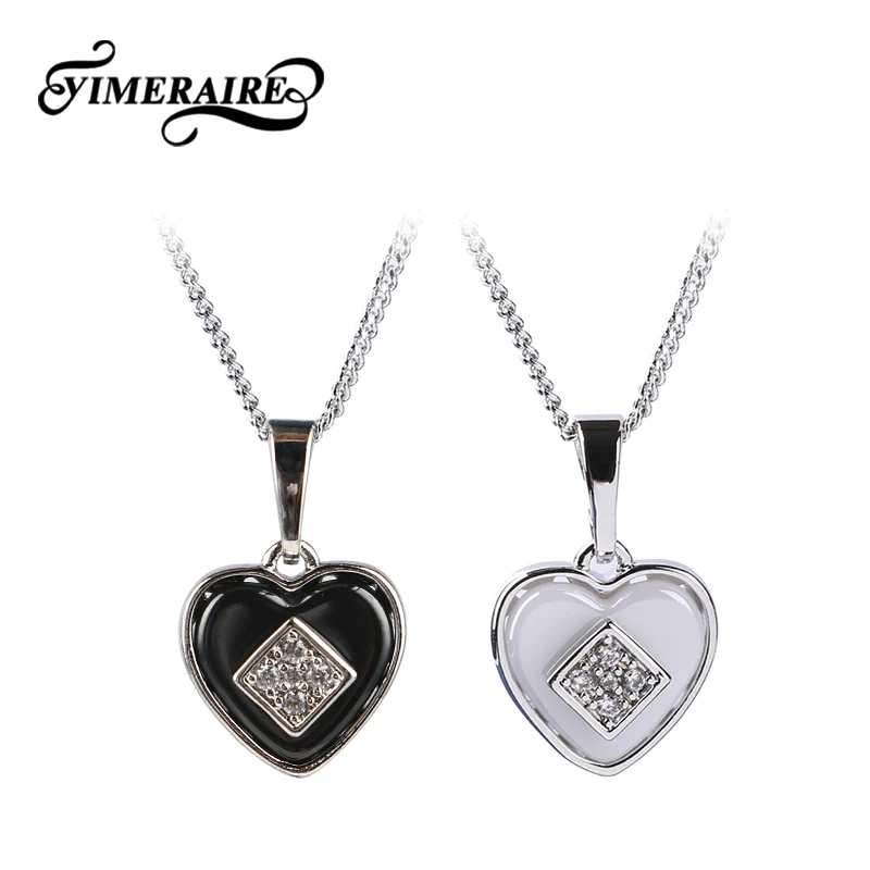 TUHE ожерелье с подвеской в виде сердца черно белое керамическое кристаллом 44 см