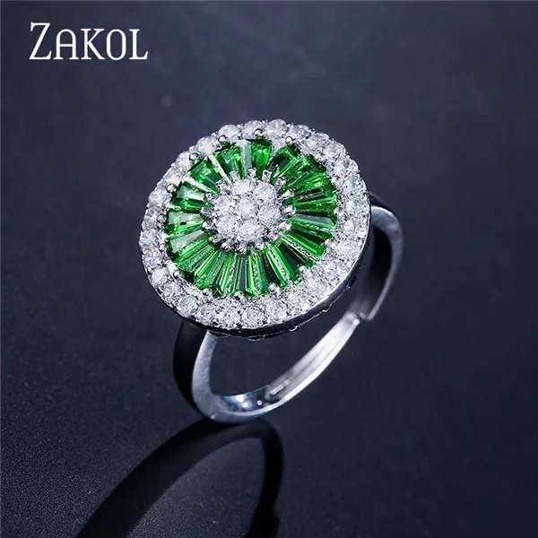 Green Ring ZAKOL высокое качество CZ Кристалл Женская мода ювелирные изделия блестящий круглый кубический циркон ожерелье серьги кольцо ювелирные изделия для невесты набор FSSP2013 - Окраска металла: Green Ring