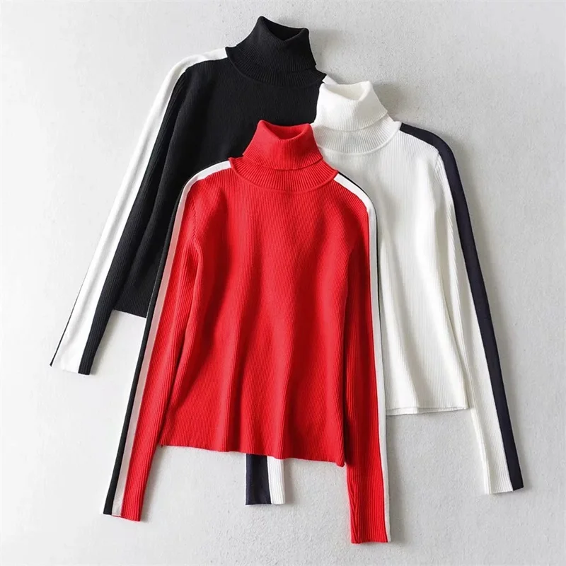 Women Roll Neck Fitted Knit Pullover With Contrast Stripe Sleeve Classic Teenage Girls' Sweater | Женская одежда