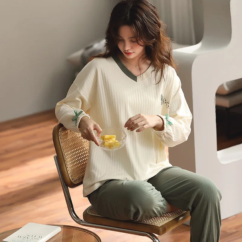 

women sleepwear spring and autumn pure cotton pajamas thin round neck suit simple casual home wear sleepwear women