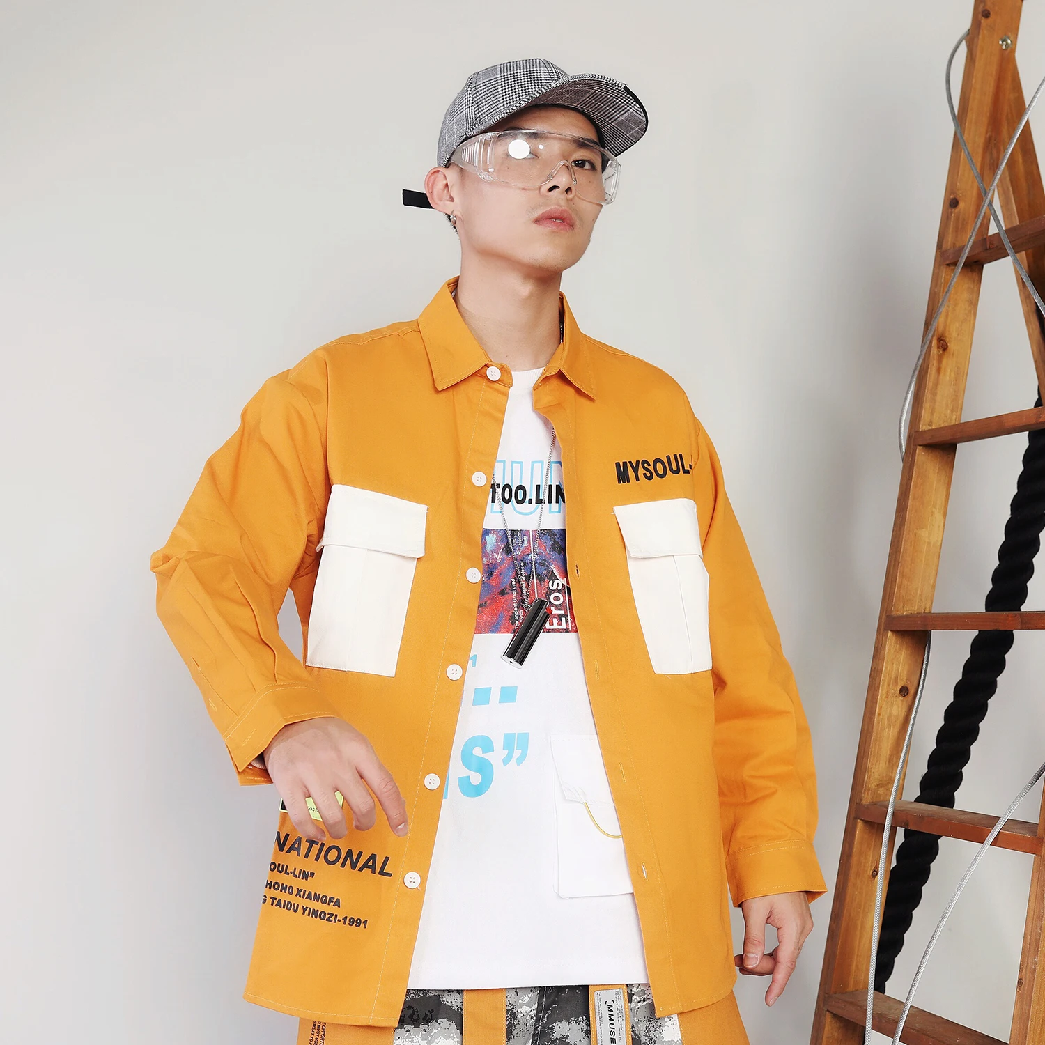 Лоскутные карманы с буквенным принтом Мужские рубашки хип-хоп мода Harajuku