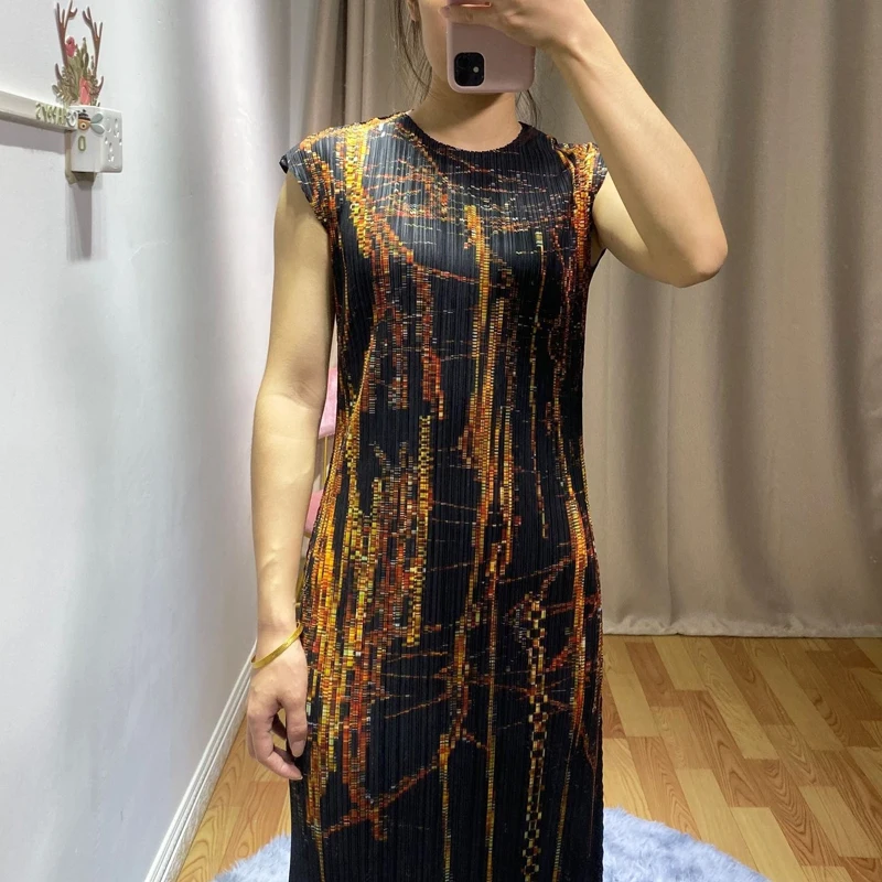 Changpleat новые женские платья с принтом Miyak Плиссированное модное дизайнерское приталенное женское элегантное платье с О-образным вырезом и эластичной талией D9087