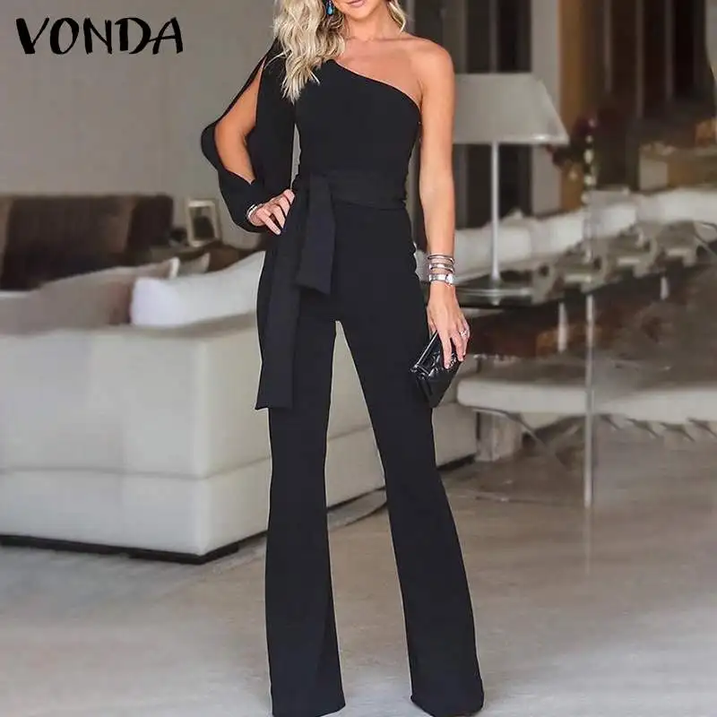 

Женский комбинезон на одно плечо VONDA, официальный однотонный комбинезон 2021, сексуальные длинные брюки-карандаш на молнии с бантом, офисные к...