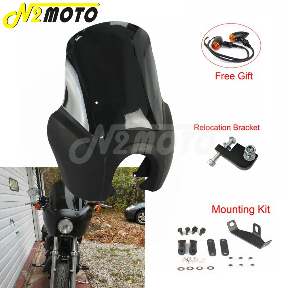 

For Harley Dyna Street Bob Sportster Front Fairing Black 15" Windscreen Windshield Headlight Relocation Block w/Mounting Kit