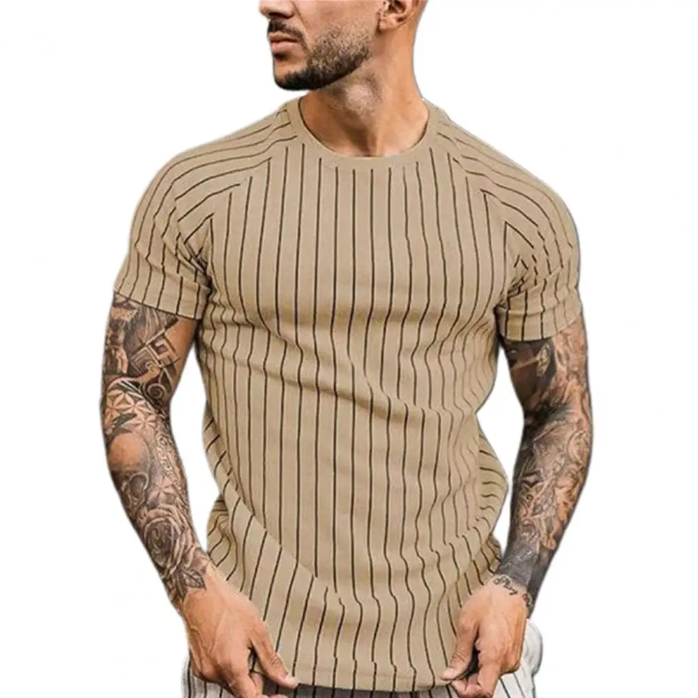

Summer Men T-shirt O Neck Vertical Stripes Short Raglan Sleeve Loose T-shirt for Work