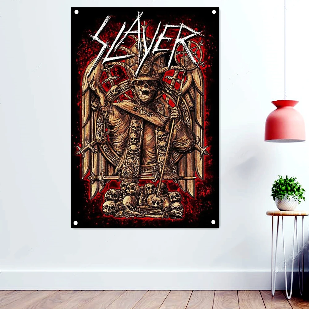 

Demon King Rock Music Banners Flags Scary Bloody Skeleton Wall Art Death Metal Artworks Posters Prints Painting for Wall Decor