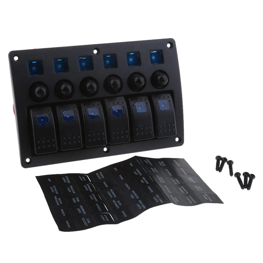 

Waterproof 6 Gang Car Boat Marine RV Blue LED Rocker Switch Panel