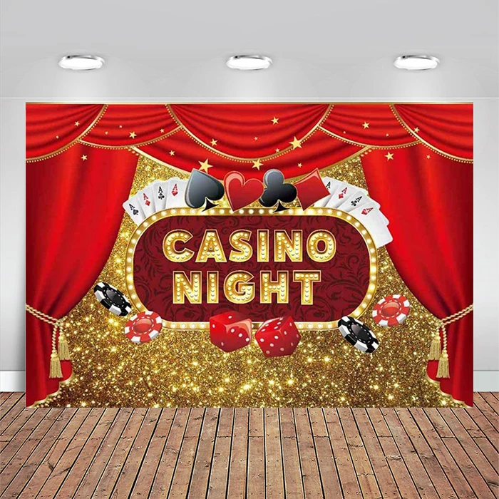 Casino Night Party Backdrop Carnival Party Banner Playing Cards Red Curtain Golden Bokeh Glitter Birthday Decoration