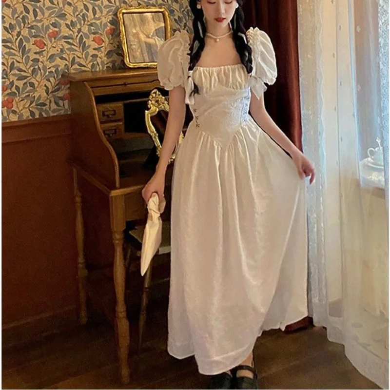 

Summer White Elegant Dress Women Print High Waist Chic Sweet Floral Long Dress Slim Short Sleeve Casual Party Vintage Dress 2021