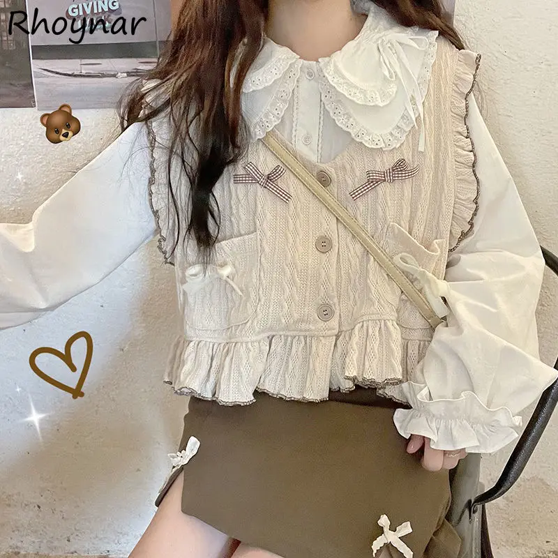 

Sweater Vest Women Bow Crop Korean Style Knitwear Harajuku Patchwork Sweet Vintage Elegant Autumn All-match Female Ins Leisure